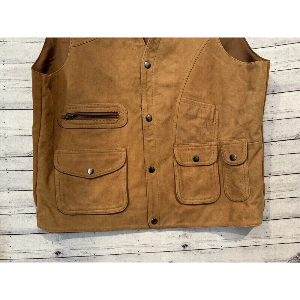 ORVIS Mens Leather Hunting Vest Sz M Safari Utility Snap Button Brown Vintage